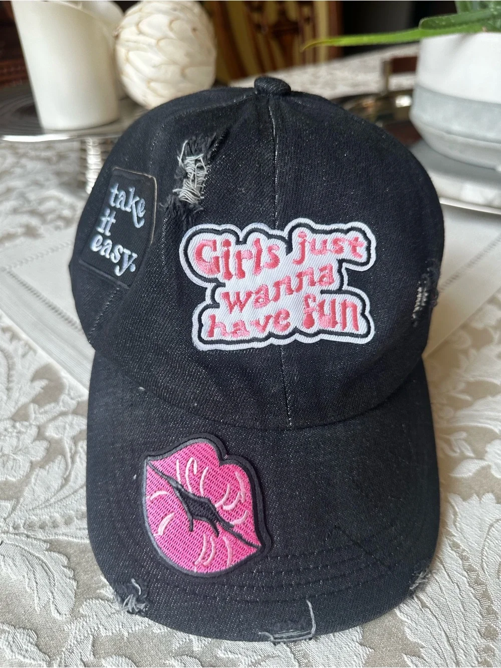 Upcycled Black Denim Trucker Hat Girls Just Wanna Have Fun